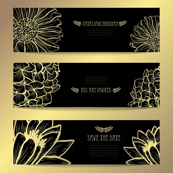 装飾的な花 デザイン要素でエレガントな黄金カード 結婚式 ベビー シャワー 母の日 バレンタインデー 誕生日 Rsvp 招待状 — ストックベクタ