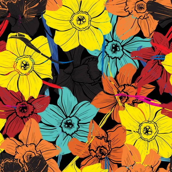 Patrón Inconsútil Colorido Con Flores Narciso Elementos Diseño Patrón Floral — Vector de stock