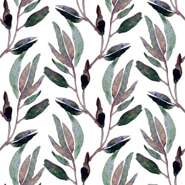 Yapraklı suluboya dalları ve tasarım elementleri olan zarif, pürüzsüz bir desen. Davetiyeler için çiçek deseni, tebrik kartları, hatıra defteri, baskı, hediye paketi, imalat