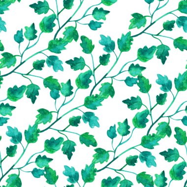 Yapraklı suluboya dalları ve tasarım elementleri olan zarif, pürüzsüz bir desen. Davetiyeler için çiçek deseni, tebrik kartları, hatıra defteri, baskı, hediye paketi, imalat