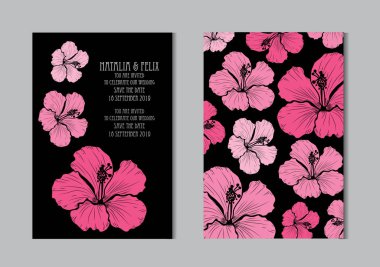 Hibiscus çiçek, tasarım öğeleri ile zarif kartları. Kullanılabilir düğün, bebek duş, anneler günü, Sevgililer günü, Doğum günü kartları, davetiyeler, selamlar. Vintage dekoratif çiçek.