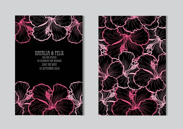 Elegante Kaarten Met Hibiscus Bloemen Designelementen Kan Worden Gebruikt Voor — Stockvector