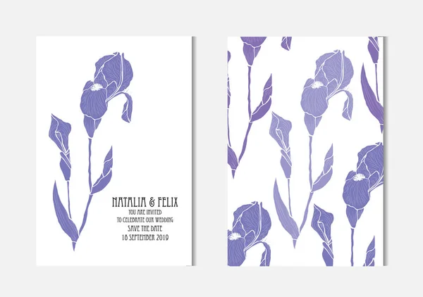 Cartes Élégantes Avec Fleurs Iris Éléments Design Peut Être Utilisé — Image vectorielle