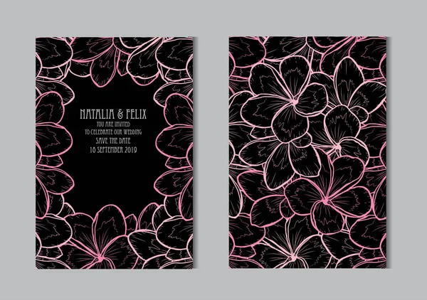 Elegantní Karty Květy Plumeria Designovými Prvky Lze Použít Pro Svatební — Stockový vektor
