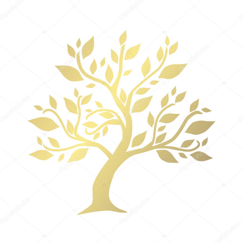 Hand drawn decorative golden tree, can be used for ecology, environment, recycling, nature protection cards, banners, flyers, posters. Nature background