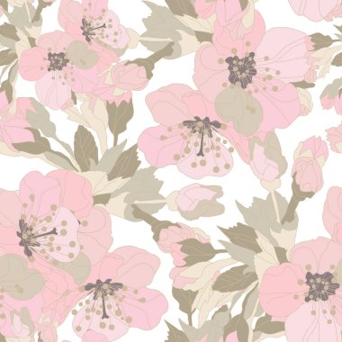 Kiraz çiçekleri ve tasarım elementleriyle zarif, pürüzsüz bir desen. Davetiyeler, kartlar, baskı, hediye paketi, imalat, tekstil, kumaş, duvar kağıtları için çiçek deseni