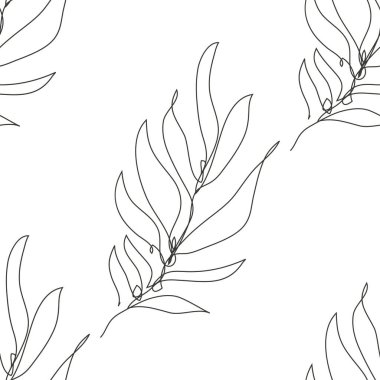 Palmiye yaprakları ve tasarım elementleriyle zarif, pürüzsüz bir desen. Davetiyeler için çiçek deseni, kartlar, baskı, hediye paketi, imalat, tekstil, kumaş, duvar kağıtları. Aralıksız çizgi sanatı