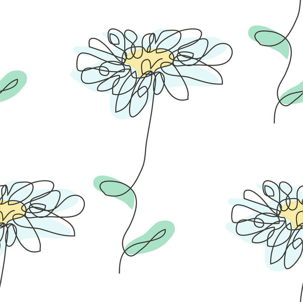 Элегантный бесшовный узор с ромашковыми цветами, элементами дизайна. Цветочный узор для приглашений, открыток, печати, подарочной упаковки, производства, текстиля, ткани, обоев. Непрерывный художественный стиль