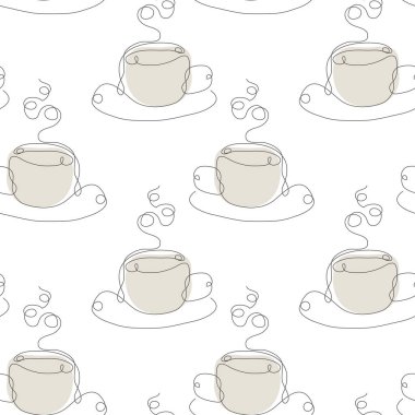 Kahveli, fincanlı ve tasarım elementli zarif, kesintisiz bir çizgi. Davetiyeler için kahve fincanı deseni, menü, kartlar, baskı, hediye paketi, imalat, tekstil, kumaş, duvar kağıtları