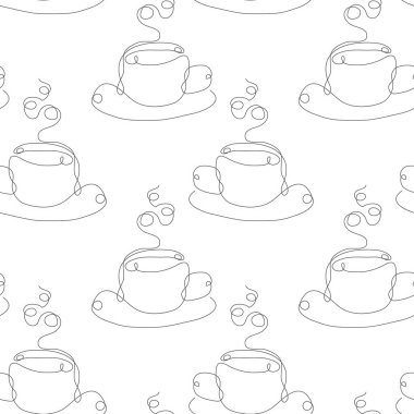 Kahveli, fincanlı ve tasarım elementli zarif, kesintisiz bir çizgi. Davetiyeler için kahve fincanı deseni, menü, kartlar, baskı, hediye paketi, imalat, tekstil, kumaş, duvar kağıtları