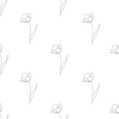 Lale çiçekleri ve tasarım elementleriyle zarif, pürüzsüz bir desen. Davetiyeler için çiçek deseni, kartlar, baskı, hediye paketi, imalat, tekstil, kumaş, duvar kağıtları. Aralıksız çizgi sanatı