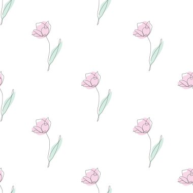 Lale çiçekleri ve tasarım elementleriyle zarif, pürüzsüz bir desen. Davetiyeler için çiçek deseni, kartlar, baskı, hediye paketi, imalat, tekstil, kumaş, duvar kağıtları. Aralıksız çizgi sanatı