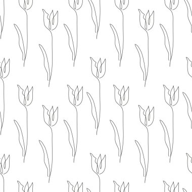 Lale çiçekleri ve tasarım elementleri olan zarif, kesintisiz bir çizgi. Davetiyeler, kartlar, baskı, hediye paketi, imalat, tekstil, kumaş, duvar kağıtları için çiçek deseni