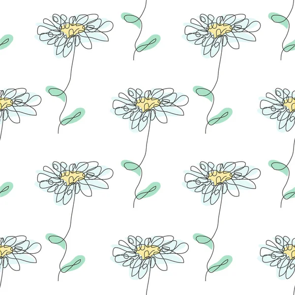 Elegant Continuous Line Seamless Pattern Chamomile Flowers Design Elements Floral — Stock Vector