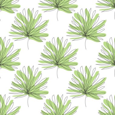 Tropikal yaprakları ve tasarım elementleri olan zarif, kesintisiz bir çizgi. Davetiyeler, kartlar, baskı, hediye paketi, imalat, tekstil, kumaş, duvar kağıtları için çiçek deseni