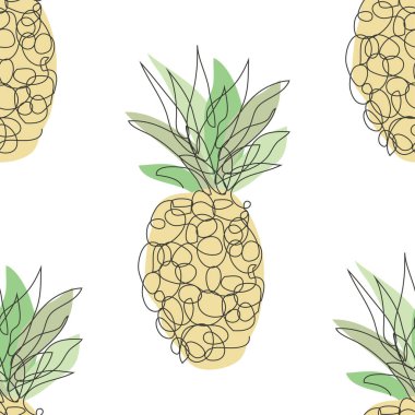 Ananas meyveli, tasarım elementli zarif, pürüzsüz bir desen. Davetiyeler için meyve deseni, kartlar, baskı, hediye paketi, imalat, tekstil, kumaş, duvar kağıtları, kafe menüsü. Aralıksız çizgi sanatı