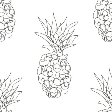 Ananas meyveli, tasarım elementli zarif, pürüzsüz bir desen. Davetiyeler için meyve deseni, kartlar, baskı, hediye paketi, imalat, tekstil, kumaş, duvar kağıtları, kafe menüsü. Aralıksız çizgi sanatı