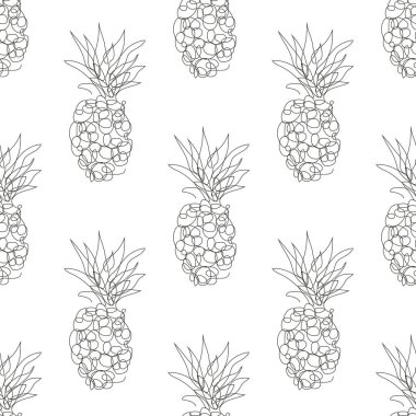 Ananas meyveli, tasarım elementli zarif, pürüzsüz bir desen. Davetiyeler için meyve deseni, kartlar, baskı, hediye paketi, imalat, tekstil, kumaş, duvar kağıtları, kafe menüsü. Aralıksız çizgi sanatı