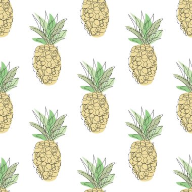 Ananas meyveli, tasarım elementli zarif, pürüzsüz bir desen. Davetiyeler için meyve deseni, kartlar, baskı, hediye paketi, imalat, tekstil, kumaş, duvar kağıtları, kafe menüsü. Aralıksız çizgi sanatı