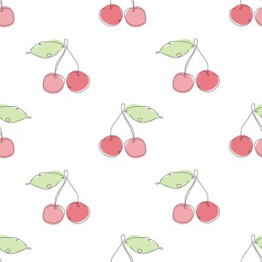 Kiraz meyveli, tasarım elementli zarif, pürüzsüz bir desen. Davetiyeler için meyve deseni, kartlar, baskı, hediye paketi, imalat, tekstil, kumaş, duvar kağıtları, kafe menüsü. Aralıksız çizgi sanatı