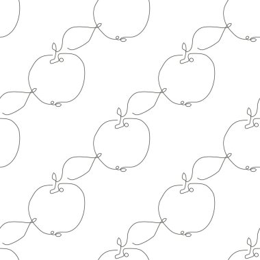 Elma meyveleri ve tasarım elementleriyle zarif, pürüzsüz bir desen. Davetiyeler için meyve deseni, kartlar, baskı, hediye paketi, imalat, tekstil, kumaş, duvar kağıtları, kafe menüsü. Aralıksız çizgi sanatı