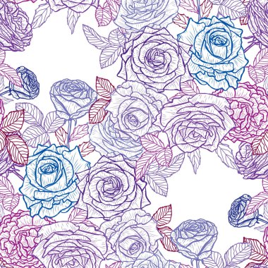 Gül çiçekleri ve tasarım elementleriyle zarif, pürüzsüz bir desen. Davetiyeler, kartlar, baskı, hediye paketi, imalat, tekstil, kumaş, duvar kağıtları için çiçek deseni