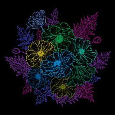 Dekoratif haşhaş çiçekleri, tasarım elementleri. Kartlar, davetiyeler, afişler, posterler, baskı tasarımı için kullanılabilir. Sanat tarzında çiçek arkaplanı