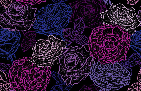 Элегантный бесшовный узор с цветами роз, элементами дизайна. Цветочный узор для приглашений, открыток, печати, подарочной упаковки, производства, текстиля, ткани, обоев