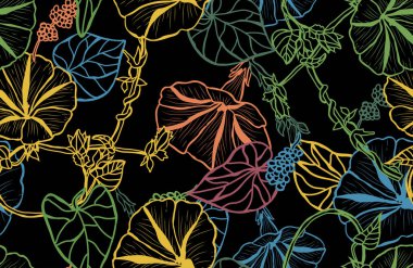 Şık, pürüzsüz desenli, sabah çiçekleriyle, tasarım elementleriyle. Davetiyeler, kartlar, baskı, hediye paketi, imalat, tekstil, kumaş, duvar kağıtları için çiçek deseni