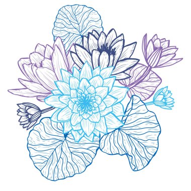 Dekoratif soyut nilüfer çiçekleri, tasarım elementleri. Kartlar, davetiyeler, afişler, posterler, baskı tasarımı için kullanılabilir. Sanat tarzında çiçek arkaplanı