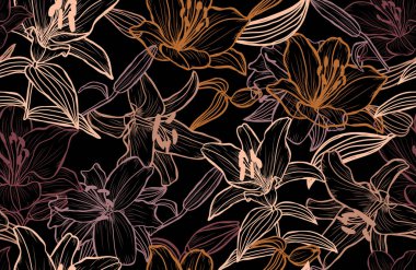 Zambak çiçekleri ve tasarım elementleriyle zarif, pürüzsüz bir desen. Davetiyeler, kartlar, baskı, hediye paketi, imalat, tekstil, kumaş, duvar kağıtları için çiçek deseni