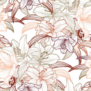 Zambak çiçekleri ve tasarım elementleriyle zarif, pürüzsüz bir desen. Davetiyeler, kartlar, baskı, hediye paketi, imalat, tekstil, kumaş, duvar kağıtları için çiçek deseni