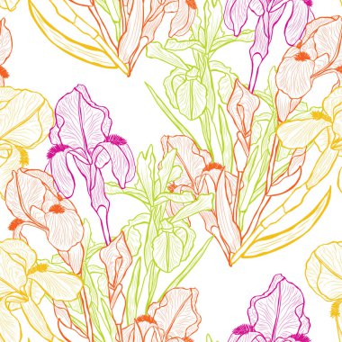 Süsen çiçekleri ve tasarım elementleriyle zarif, pürüzsüz bir desen. Davetiyeler, kartlar, baskı, hediye paketi, imalat, tekstil, kumaş, duvar kağıtları için çiçek deseni