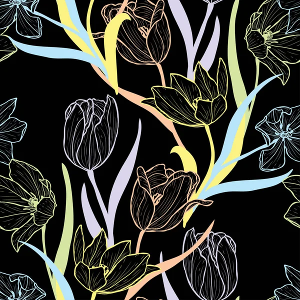 Élégant Motif Sans Couture Avec Des Fleurs Tulipe Des Éléments — Image vectorielle