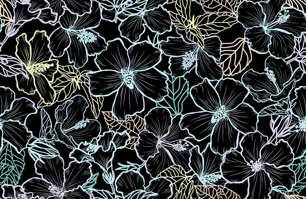 Élégant Motif Sans Couture Avec Fleurs Hibiscus Éléments Design Motif — Image vectorielle