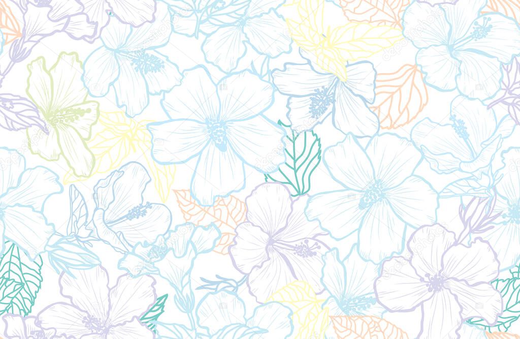 Elegant seamless pattern with hibiscus flowers, design elements. Floral  pattern for invitations, cards, print, gift wrap, manufacturing, textile, fabric, wallpapers