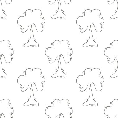 Ağaçlarla, tasarım elementleriyle zarif, pürüzsüz desen. Davetiyeler için çiçek deseni, kartlar, baskı, hediye paketi, imalat, tekstil, kumaş, duvar kağıtları. Aralıksız çizgi sanatı