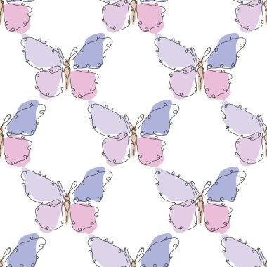 Kelebeklerle, tasarım elementleriyle kusursuz bir desen. Davetiyeler, kartlar, baskı, hediye paketi, imalat, tekstil, kumaş, duvar kağıtları için böcek deseni. Aralıksız çizgi sanatı