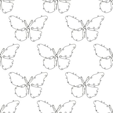 Kelebeklerle, tasarım elementleriyle kusursuz bir desen. Davetiyeler, kartlar, baskı, hediye paketi, imalat, tekstil, kumaş, duvar kağıtları için böcek deseni. Aralıksız çizgi sanatı
