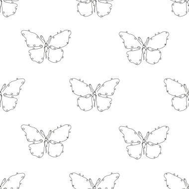 Kelebeklerle, tasarım elementleriyle kusursuz bir desen. Davetiyeler, kartlar, baskı, hediye paketi, imalat, tekstil, kumaş, duvar kağıtları için böcek deseni. Aralıksız çizgi sanatı