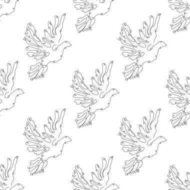 Güvercinlerle, tasarım elementleriyle zarif, pürüzsüz bir desen. Davetiyeler için kuş deseni, kartlar, baskı, hediye paketi, imalat, tekstil, kumaş, duvar kağıtları. Aralıksız çizgi sanatı