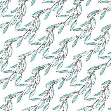 Yapraklı ağaç dalları ve tasarım elementleriyle zarif, pürüzsüz bir desen. Davetiyeler için çiçek deseni, kartlar, baskı, hediye paketi, imalat, tekstil, kumaş, duvar kağıtları. Aralıksız çizgi sanatı