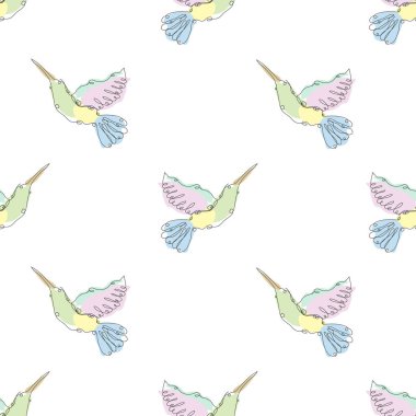 Colibri kuşları ve tasarım elementleriyle zarif, pürüzsüz bir desen. Davetiyeler, kartlar, baskı, hediye paketi, imalat, tekstil, kumaş, duvar kağıtları için kullanılabilir. Devamlı çizgi sanatı. Kuş teması