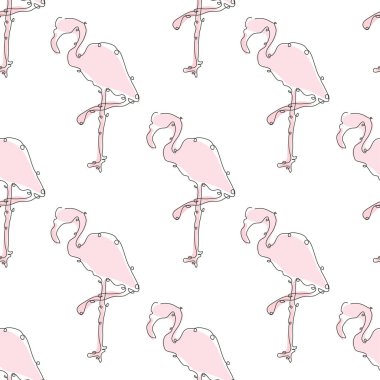 Flamingo kuşları ve tasarım elementleriyle zarif, pürüzsüz bir desen. Davetiyeler, kartlar, baskı, hediye paketi, imalat, tekstil, kumaş, duvar kağıtları için kullanılabilir. Devamlı çizgi sanatı. Kuş teması