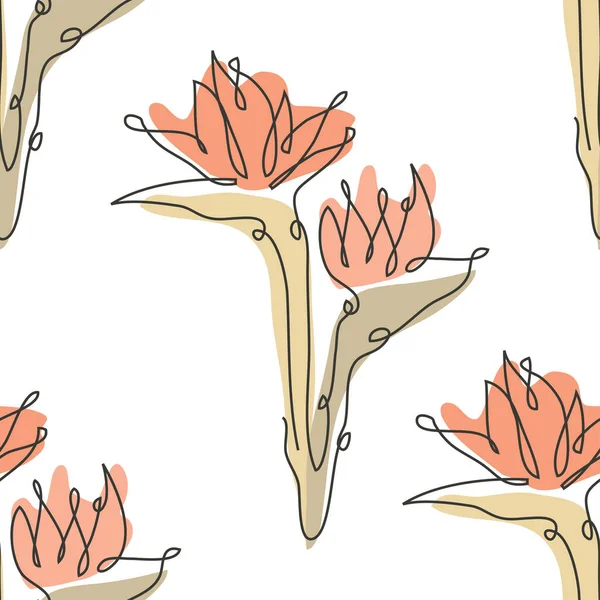 Strelitziaの花 デザイン要素とエレガントなシームレスパターン 招待状 カード ギフトラップ ファブリック 壁紙のための花のパターン 連続線画形式 — ストックベクタ