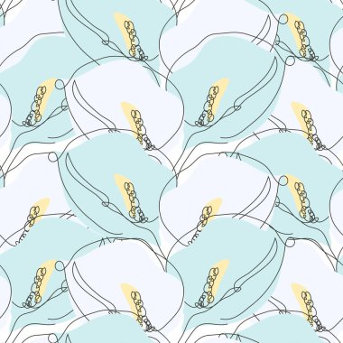 Kala çiçekleri ve tasarım elementleriyle zarif, pürüzsüz bir desen. Davetiyeler için çiçek deseni, kartlar, baskı, hediye paketi, imalat, tekstil, kumaş, duvar kağıtları. Aralıksız çizgi sanatı