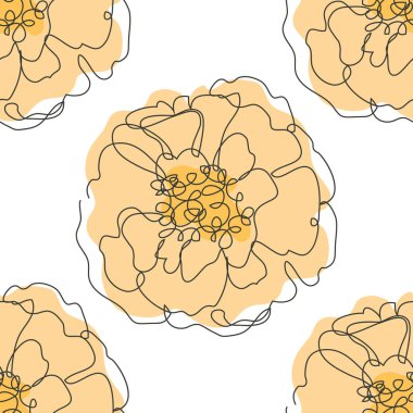 Kadife çiçekleri ve tasarım elementleriyle zarif, pürüzsüz bir desen. Davetiyeler için çiçek deseni, kartlar, baskı, hediye paketi, imalat, tekstil, kumaş, duvar kağıtları. Aralıksız çizgi sanatı