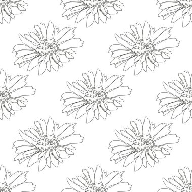 Papatya çiçekleri ve tasarım elementleriyle zarif, pürüzsüz bir desen. Davetiyeler için çiçek deseni, kartlar, baskı, hediye paketi, imalat, tekstil, kumaş, duvar kağıtları. Aralıksız çizgi sanatı