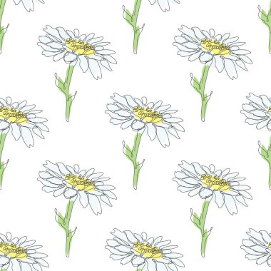 Papatya çiçekleri ve tasarım elementleriyle zarif, pürüzsüz bir desen. Davetiyeler için çiçek deseni, kartlar, baskı, hediye paketi, imalat, tekstil, kumaş, duvar kağıtları. Aralıksız çizgi sanatı
