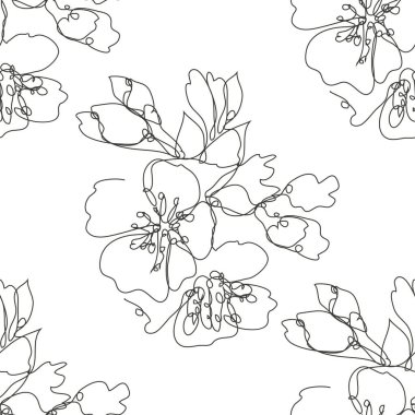 Kiraz çiçekleri, sakura çiçekleri ve tasarım elementleriyle zarif, pürüzsüz bir desen. Davetiyeler için çiçek deseni, kartlar, baskı, hediye paketi, imalat, tekstil, kumaş, duvar kağıtları. Aralıksız çizgi sanatı